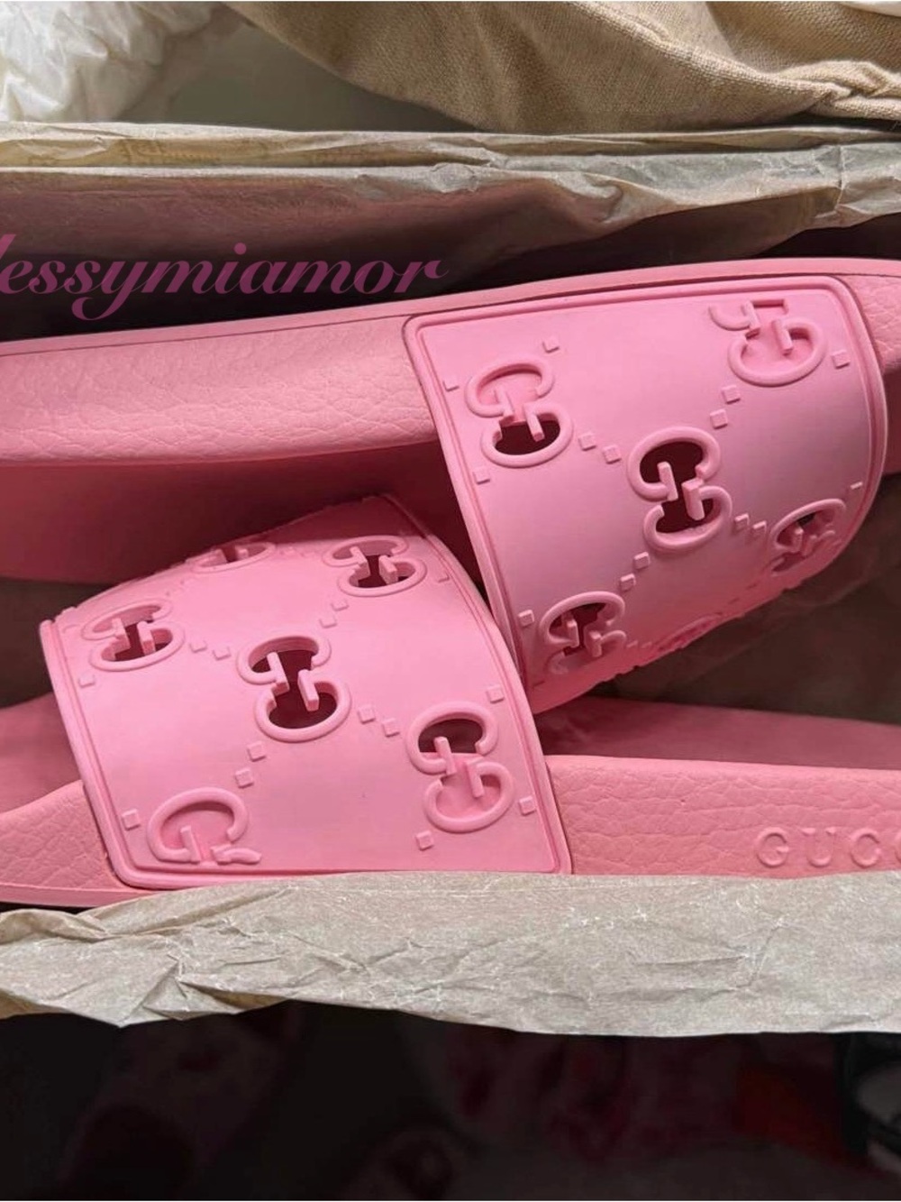 Gucci Pink Rubber Logo Slide Sandals